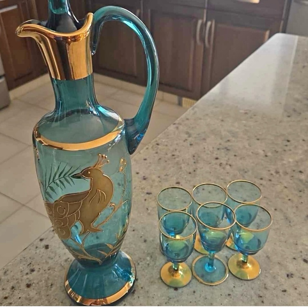 🎀1950 Boho/Hungarian teal and gold glass decanter and 6 matching glasses